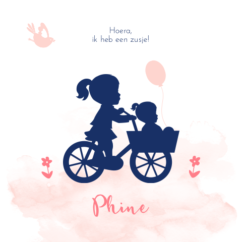 Lieve poster met silhouet van zusjes op de fiets en roze waterverf